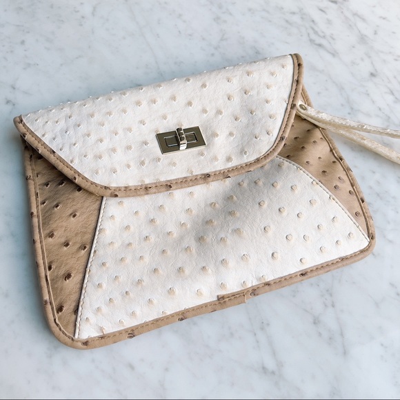 Faux-Ostrich Clutch purse tan and cream - Picture 1 of 8